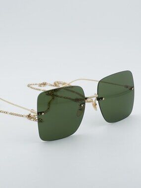 Gucci GG1147S 002 Rimless Sunglasses Gold Butterfly Frame, Green Lenses